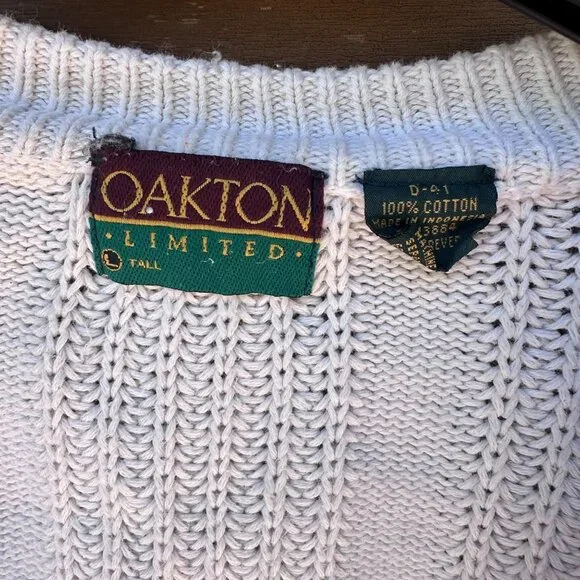 Vintage Oakton Limited L Tall White 100% Cotton Button-Up Cardigan Sweater With - Picture 2 of 6